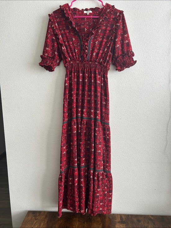 Max Studio Dresses & Skirts - Max Studio Red Floral Bohemian Maxi Dress with Ruffle Neck